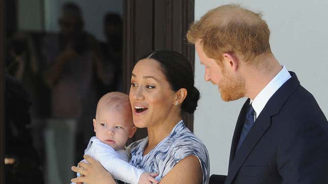 Britain’s Prince Harry and Meghan, Duchess of Sussex, holding their son Archie, meet with Anglican Archbishop Emeritus, Desmond Tutu, and his wife Leah in Cape Town, South Africa.