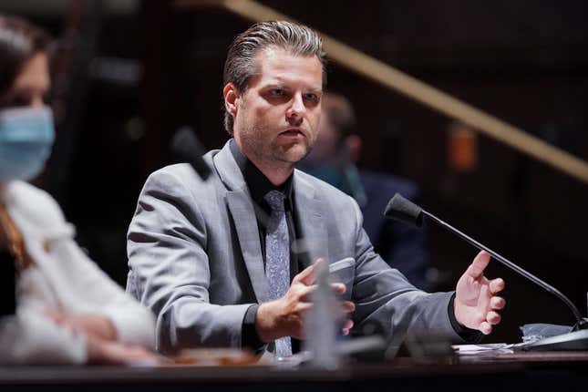 Florida Rep. Matt Gaetz impersonating a shady tax preparer who works out of a kiosk in the mall. 