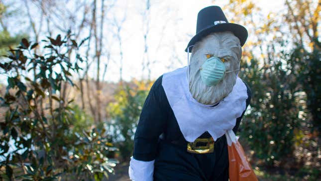 A Sasquatch statue dressed as a pilgrim with a face mask is spotted in Bucks County, Pennsylvania.
