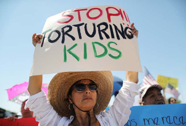 Yvonne Nieves of El Paso, Texas demonstrates in front of the U.S. Border Patrol facility where lawyers reported that detained migrant children were held unbathed and hungry on June 27, 2019 in Clint, Texas. 