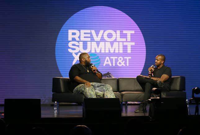 Killer Mike, left, and Van Lathan speak onstage at the REVOLT X AT&amp;T 3-Day Summit In Los Angeles - Day 1 at Magic Box on October 25, 2019, in Los Angeles. 