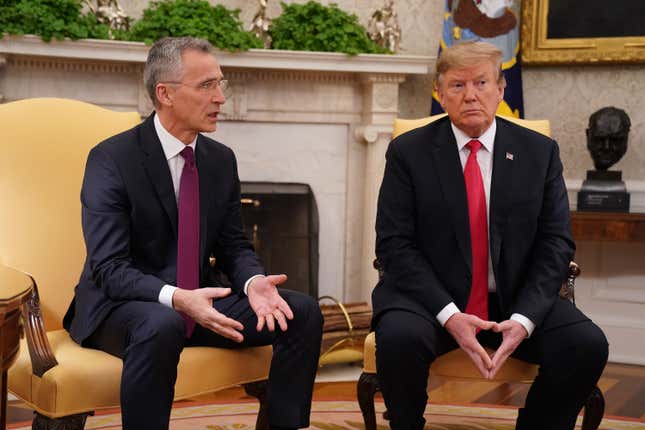 NATO Secretary General Jens Stoltenberg (L) and President Donald Trump talk to reporters in the Oval Office at the White House April 2, 2019 in Washington, DC.