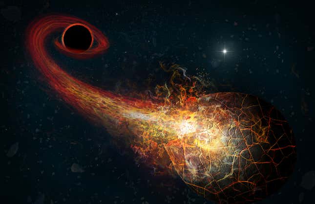 Artist’s conception of a comet getting destroyed by a black hole. New research suggests we can detect such encounters from Earth, pointing to the presence of this hypothesized black hole. 