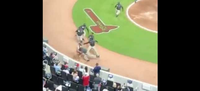 Image for article titled Idiot On The Field Runs Himself Into A Corner, Gets Leveled