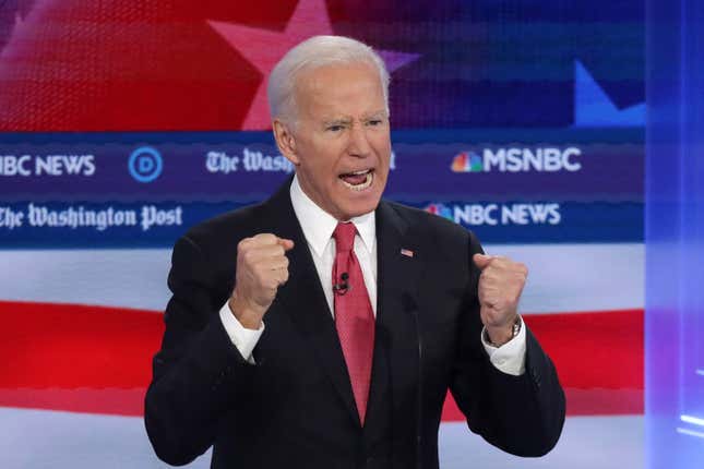 Former Vice President Joe Biden speaks during the Democratic Presidential Debate at Tyler Perry Studios November 20, 2019 in Atlanta, Georgia. 