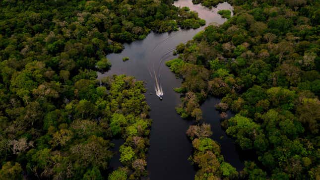 Aerial view showing a boat speeding on the Jurura river in the municipality of Carauari, in the heart of the Brazilian Amazon.