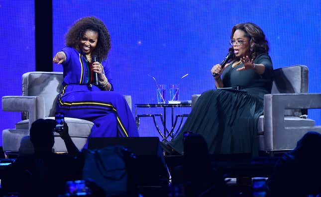 Michelle Obama and Oprah Winfrey at Oprah’s 2020 Vision: Your Life in Focus Tour presented by WW on Feb. 08, 2020. in New York City.