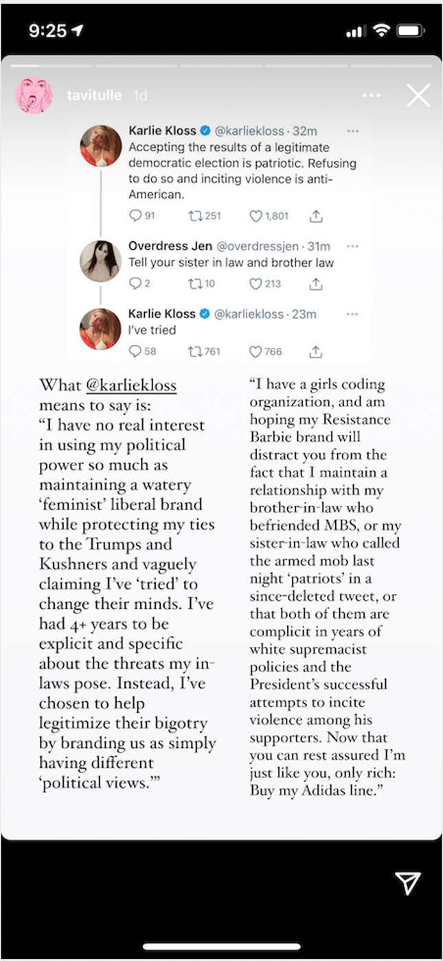 Image for article titled The Resistance Rescinds Its Invite to Karlie Kloss, Thanks to Tavi Gevinson