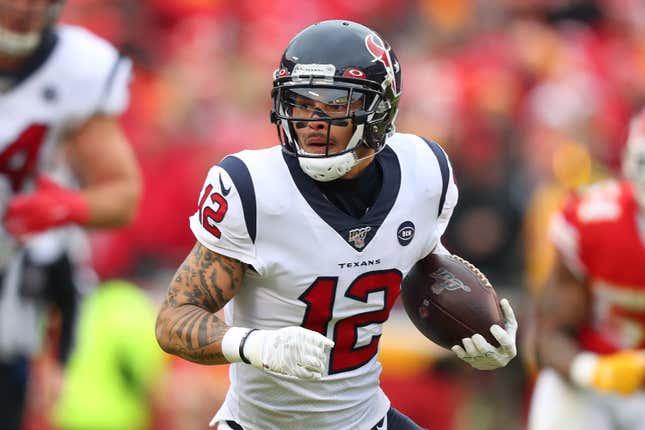 Kenny Stills #12 of the Houston Texans carries the ball against the Kansas City Chiefs during the second quarter in the AFC Divisional playoff game at Arrowhead Stadium on January 12, 2020 in Kansas City, Missouri. 