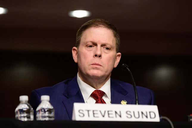 Former US Capitol Police Chief Steven Sund testifies in a Senate Homeland Security and Governmental Affairs and Senate Rules and Administration committees joint hearing on Capitol Hill, Washington, DC, February 23, 2021, to examine the January 6th attack on the Capitol.