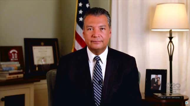 In this screenshot from the DNCC’s livestream of the 2020 Democratic National Convention, California Secretary of State Alex Padilla addresses the virtual convention on August 20, 2020. The convention, which was once expected to draw 50,000 people to Milwaukee, Wisconsin, is now taking place virtually due to the coronavirus pandemic. 