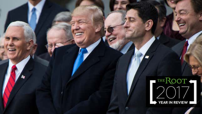 President Donald Trump (center) with Vice President Mike Pence (left) and House Speaker Paul Ryan (right) at the White House in Washington, D.C., on Dec. 20, 2017 (Jabin Botsford/the Washington Post via Getty Images); photo illustration by Sam Woolley/GMG