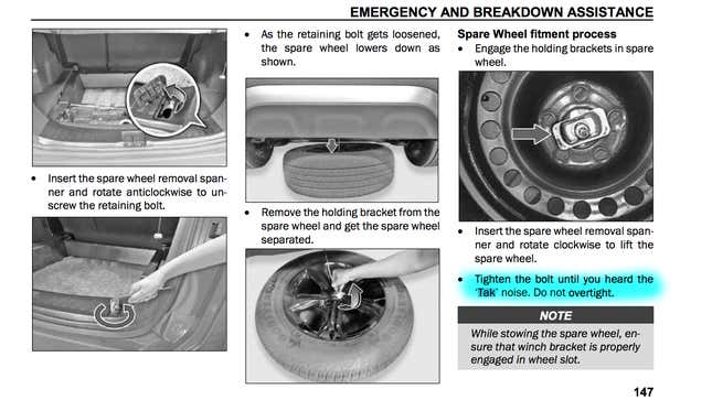 Image for article titled This Indian Car Has The Best Spare Tire Bolt-Tightening Instructions You've Ever Seen