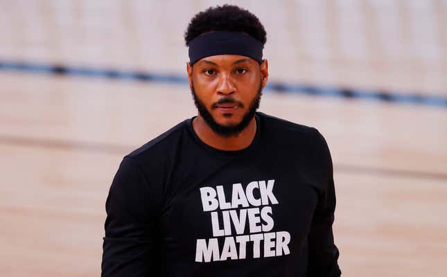 Carmelo Anthony of the Portland Trail Blazers warms up before the game against the Houston Rockets on August 04, 2020, in Lake Buena Vista, Fla.