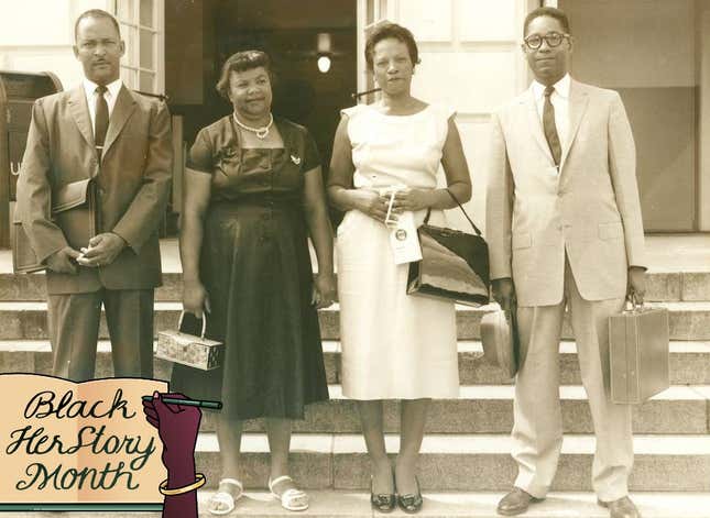 Attorney Lincoln C. Jenkins, left; Sarah Mae Flemming; Julia King, friend of Flemming and witness at trial; and Attorney Matthew Perry. 