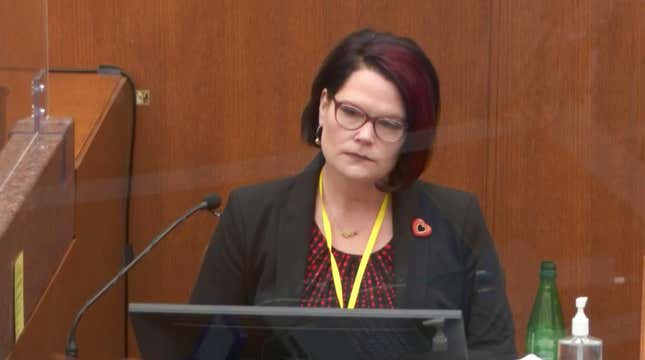 Witness Courteney Ross answers questions as Hennepin County Judge Peter Cahill presides Thursday, April 1, 2021, in the trial of former Minneapolis police Officer Derek Chauvin at the Hennepin County Courthouse in Minneapolis, Minn. 