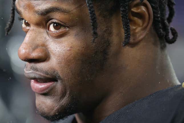 Quarterback Lamar Jackson #8 of the Baltimore Ravens looks on after defeating the San Francisco 49ers on Dec. 1, 2019 in Baltimore. 