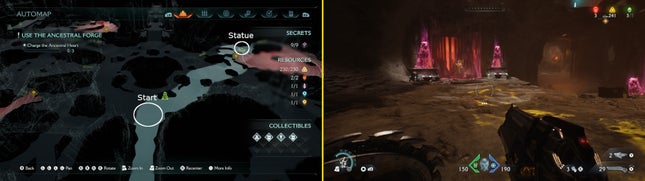 Uma imagem mostra um local específico em um mapa à esquerda e uma captura de tela do jogo à direita.
