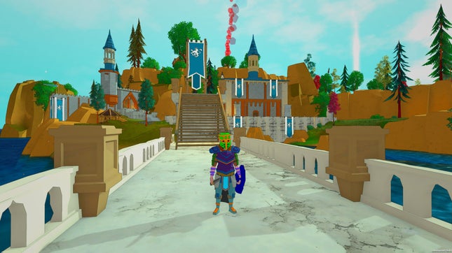 Um cavaleiro fica em uma ponte com um castelo ao fundo em um jogo com gráficos 3D um tanto antigos.