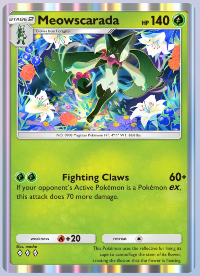 Uma captura de tela do cartão Meowscarada da bolso Pokémon TCG.