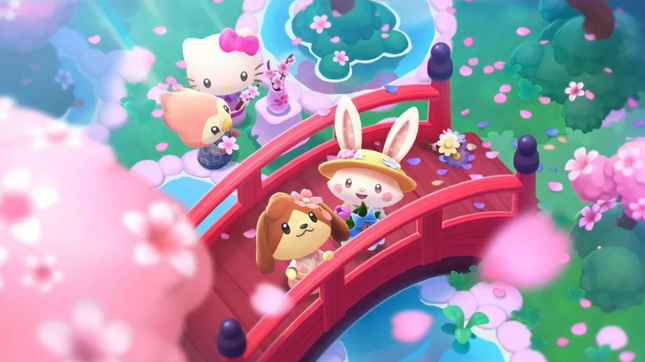 Um cachorro fofo, coelho, pássaro e o personagem Hello Kitty ficam em uma ponte em uma floresta de aparência tranquila.