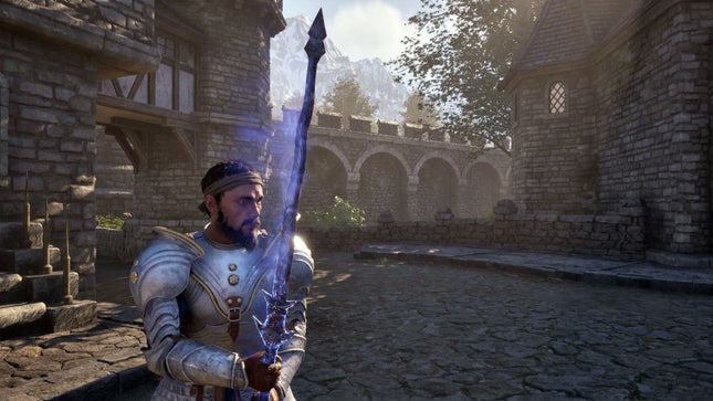 O personagem do jogador em terceira pessoa segurando a espada ligada no esquecimento remasterizada.