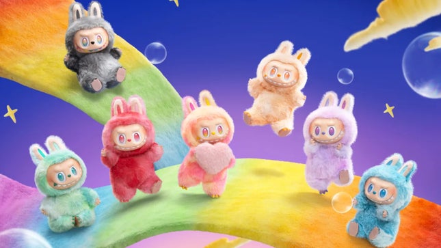 Um grupo de bonecas Labubu saindo em um arco -íris.