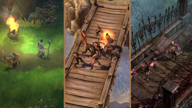 Três jogos Grindy ARPG, um em um campo, dois em uma ponte.