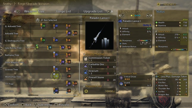 A tela da árvore da arma Lance, mostrando o Paladin Lance I.