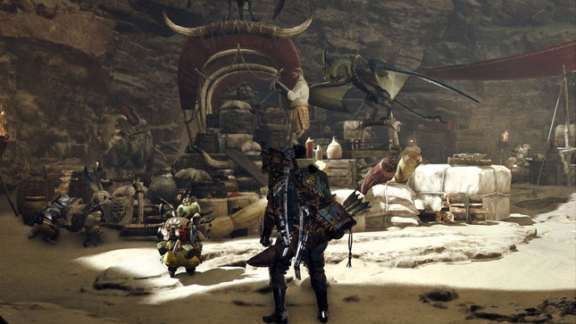 Um personagem personalizado no acampamento base em Monster Hunter Wilds.
