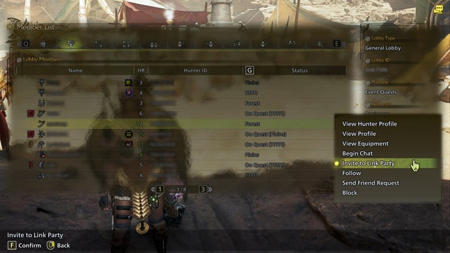 Uma captura de tela mostra a tela de pesquisa de festas de Monster Hunter Wilds com jogadores ativos.