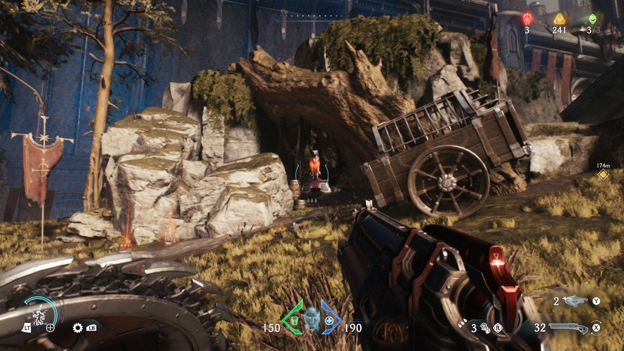 The player looks at the lion statue.