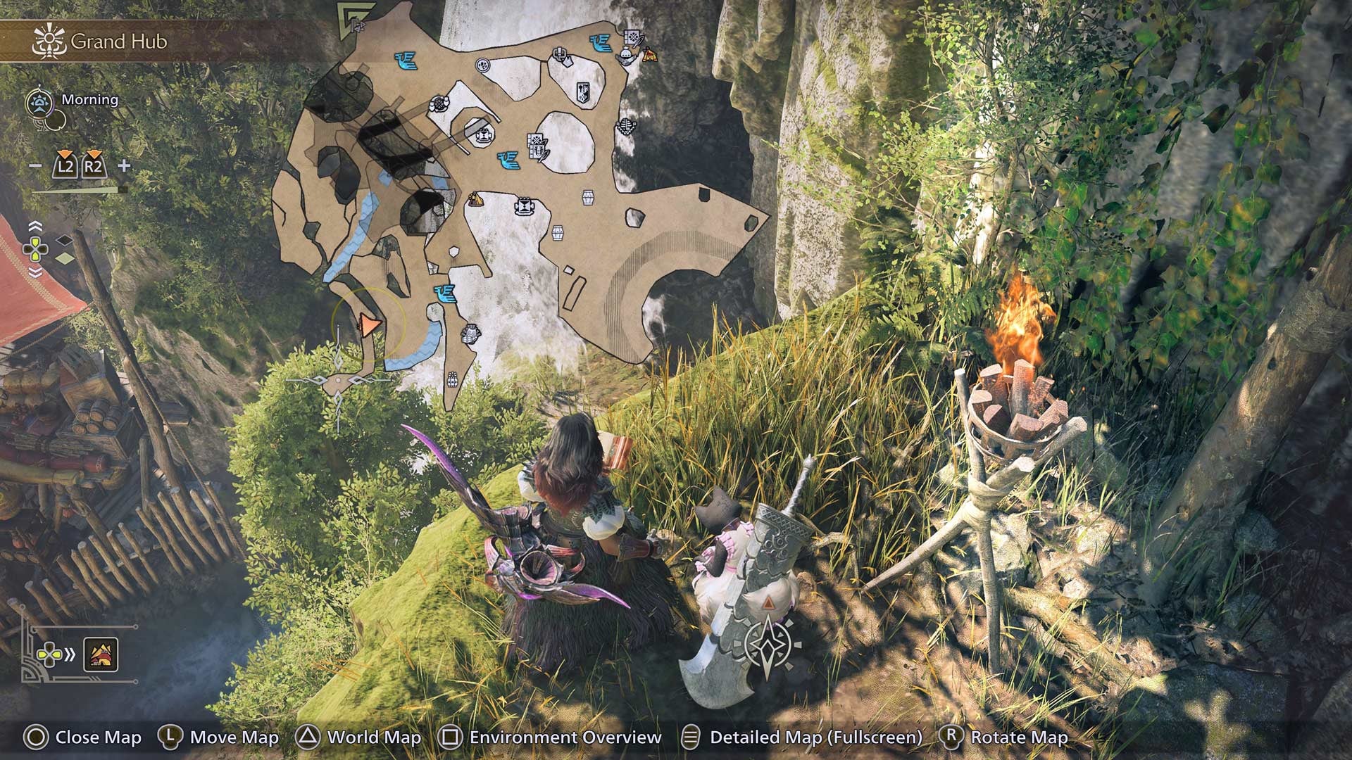 A partial map has been brought near a waterfall near the Hunter, showing a cross diamond on their location and the downside crack cave.
