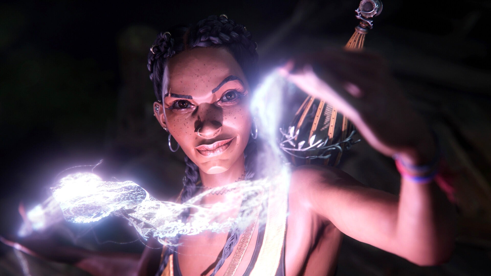 Hazel produces a magical stream of energy.