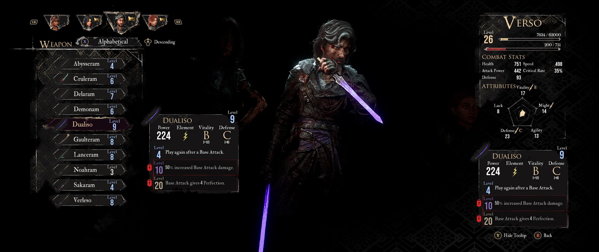 The weapons selection screen shows Verso weapons.
