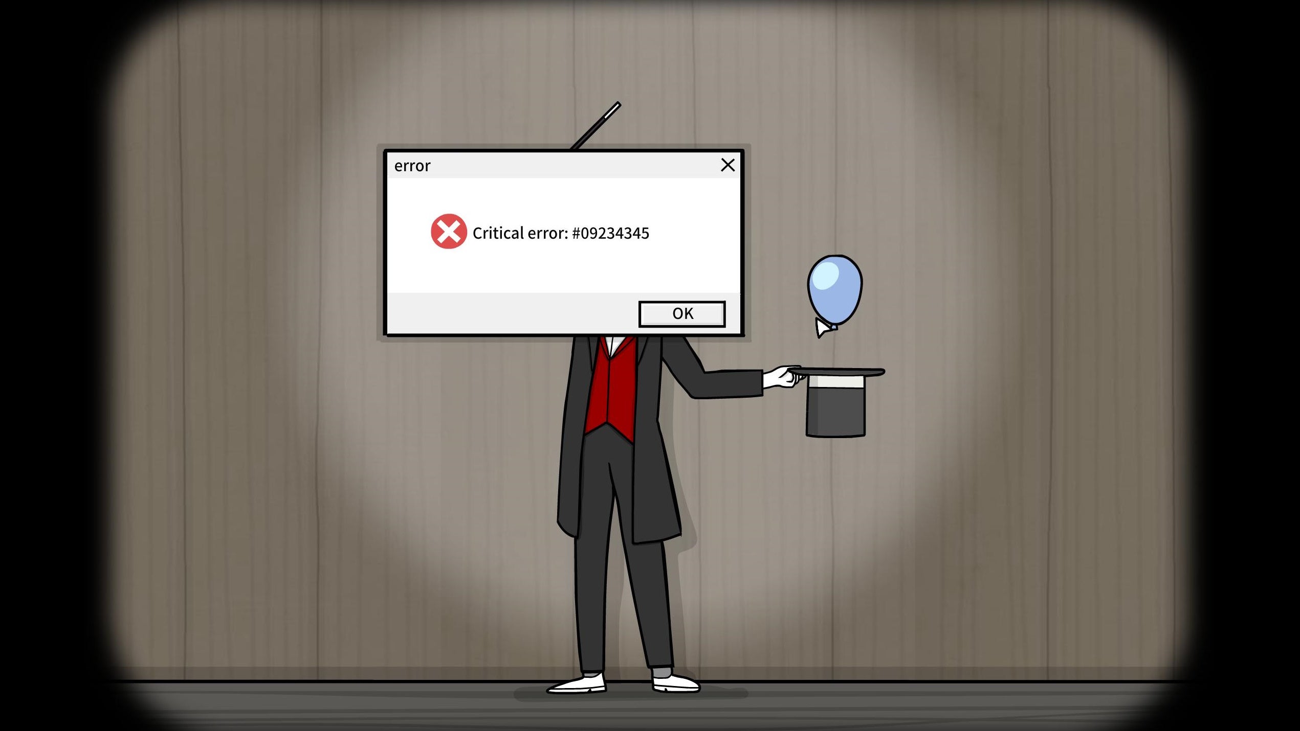An error message in front of Mr Rabbit on the stage is popup.