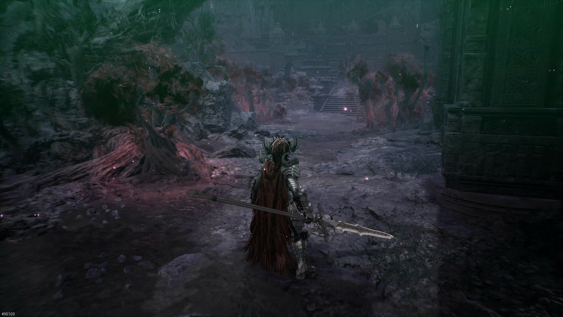 The main character stands in a dark valley while running a wide range of spear.