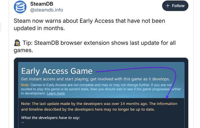 The screenshot shows the early Steam warning. 